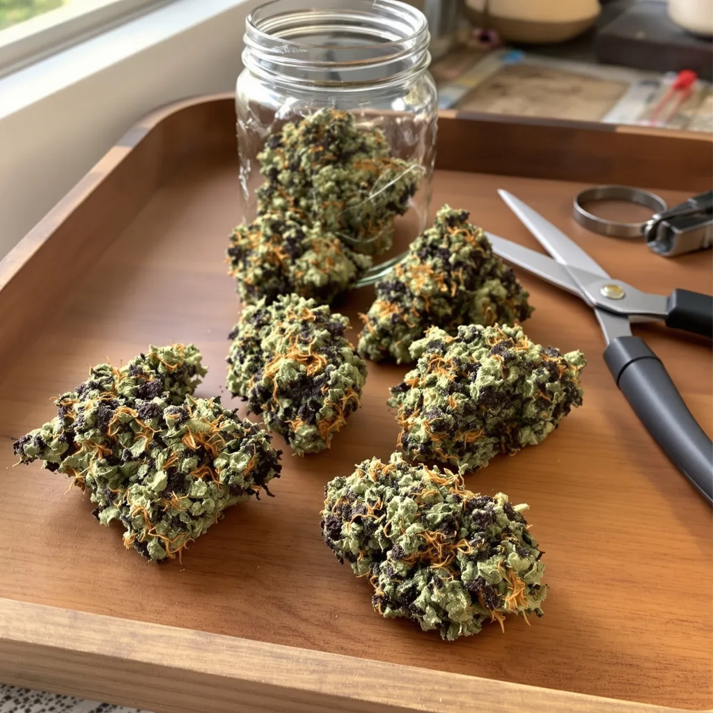 Black Widow 86% indica / 14% sativa — fleur avec trichomes visibles