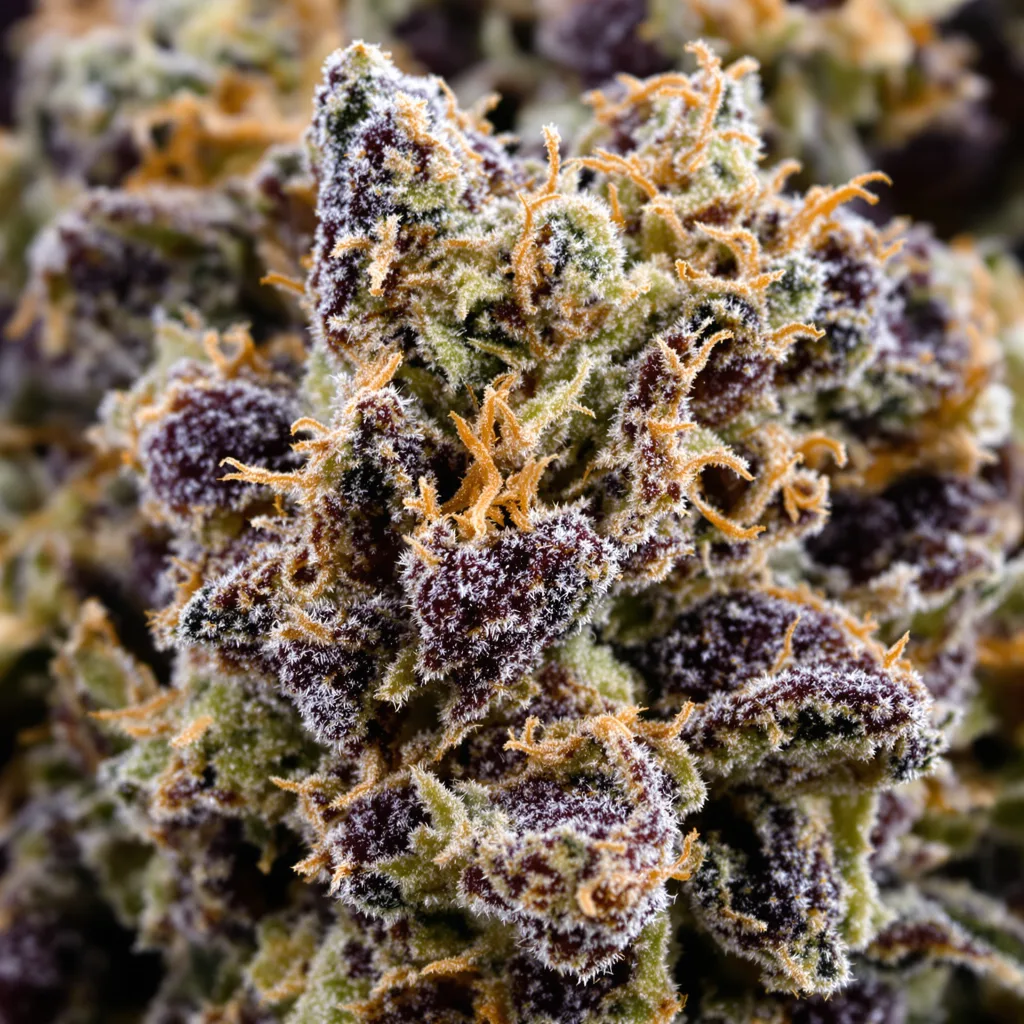 Gros plan de fleur de cannabis Blackberry montrant calices denses aux reflets violets