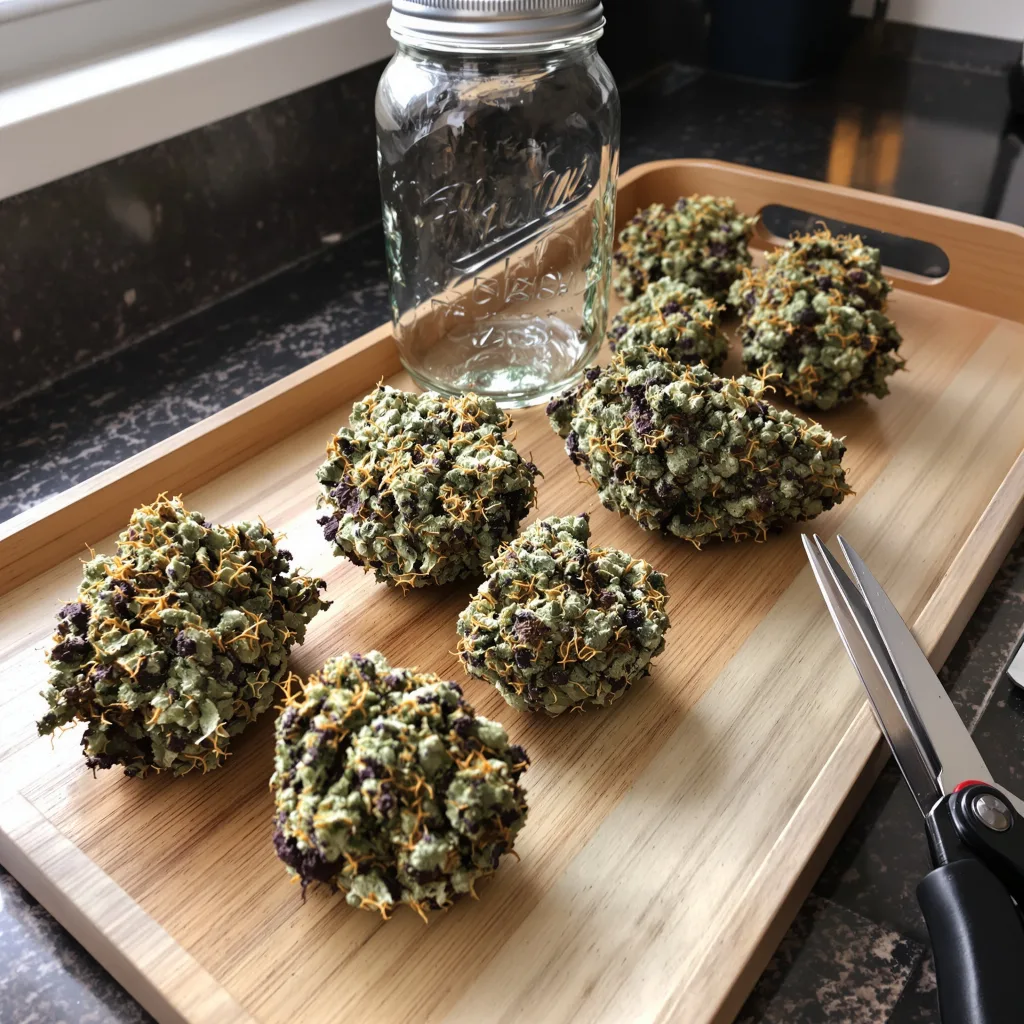 Blackberry Kush 80% indica / 20% sativa — fleur avec trichomes visibles