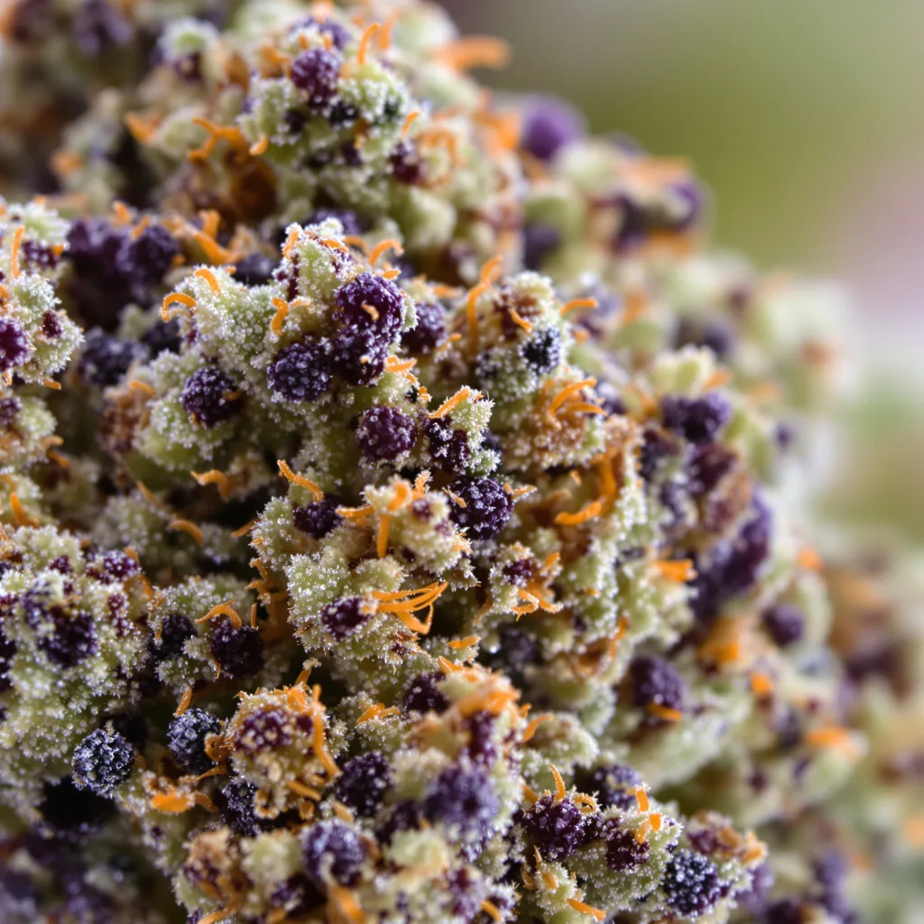 Gros plan de fleur de cannabis Blackberry Kush montrant calices denses aux reflets violets