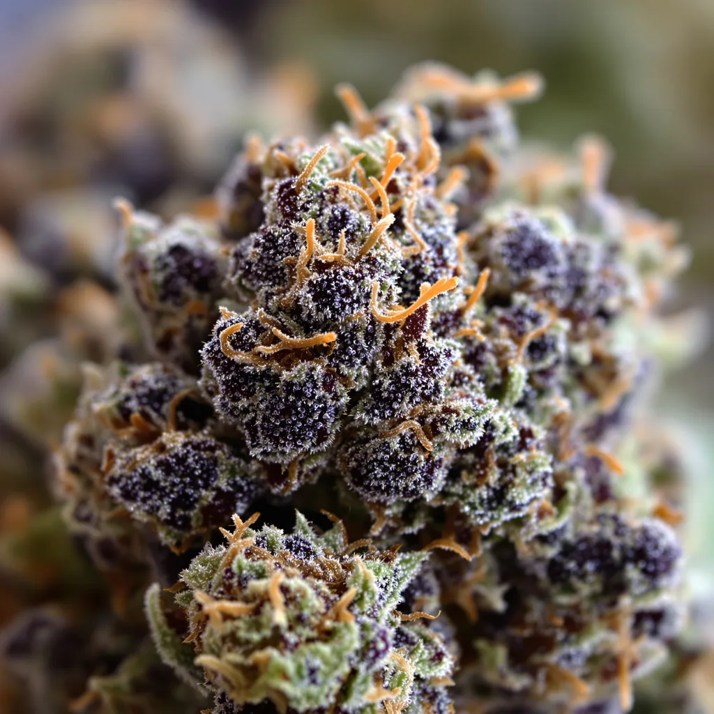 Gros plan de fleur de cannabis Blackberry Kush montrant calices denses aux reflets violets