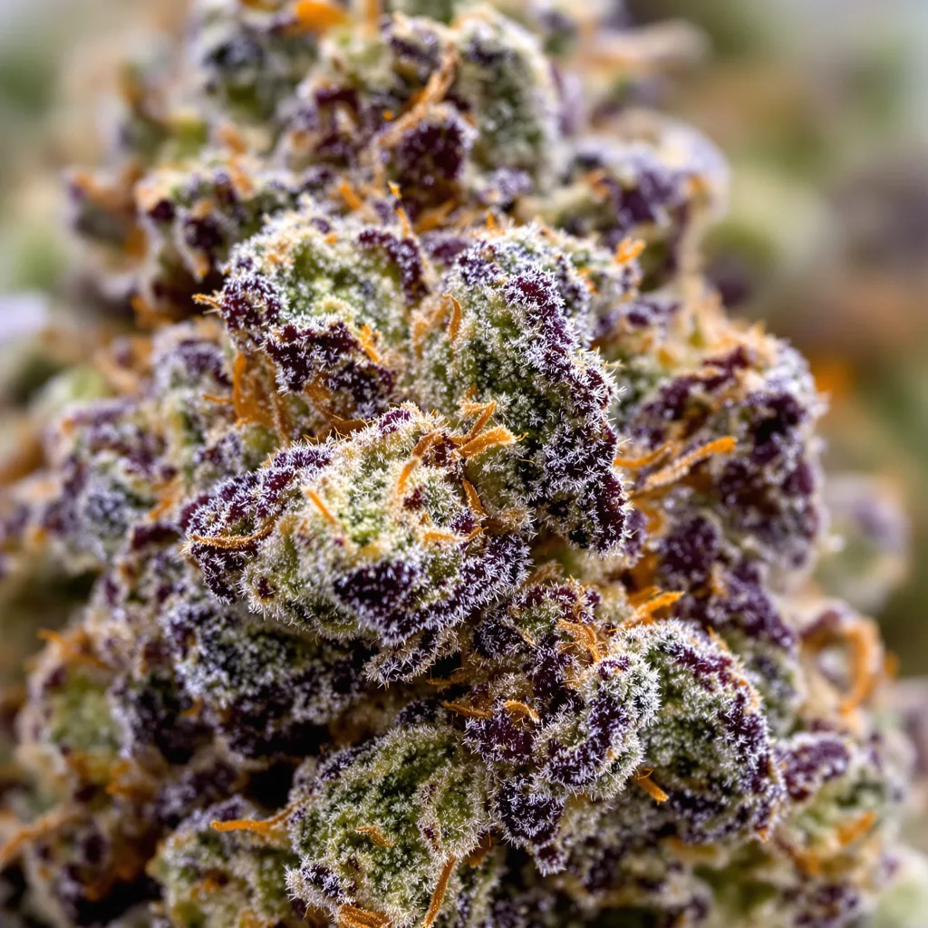 Gros plan de fleur de cannabis Blackberry Rhino montrant calices denses aux reflets violets