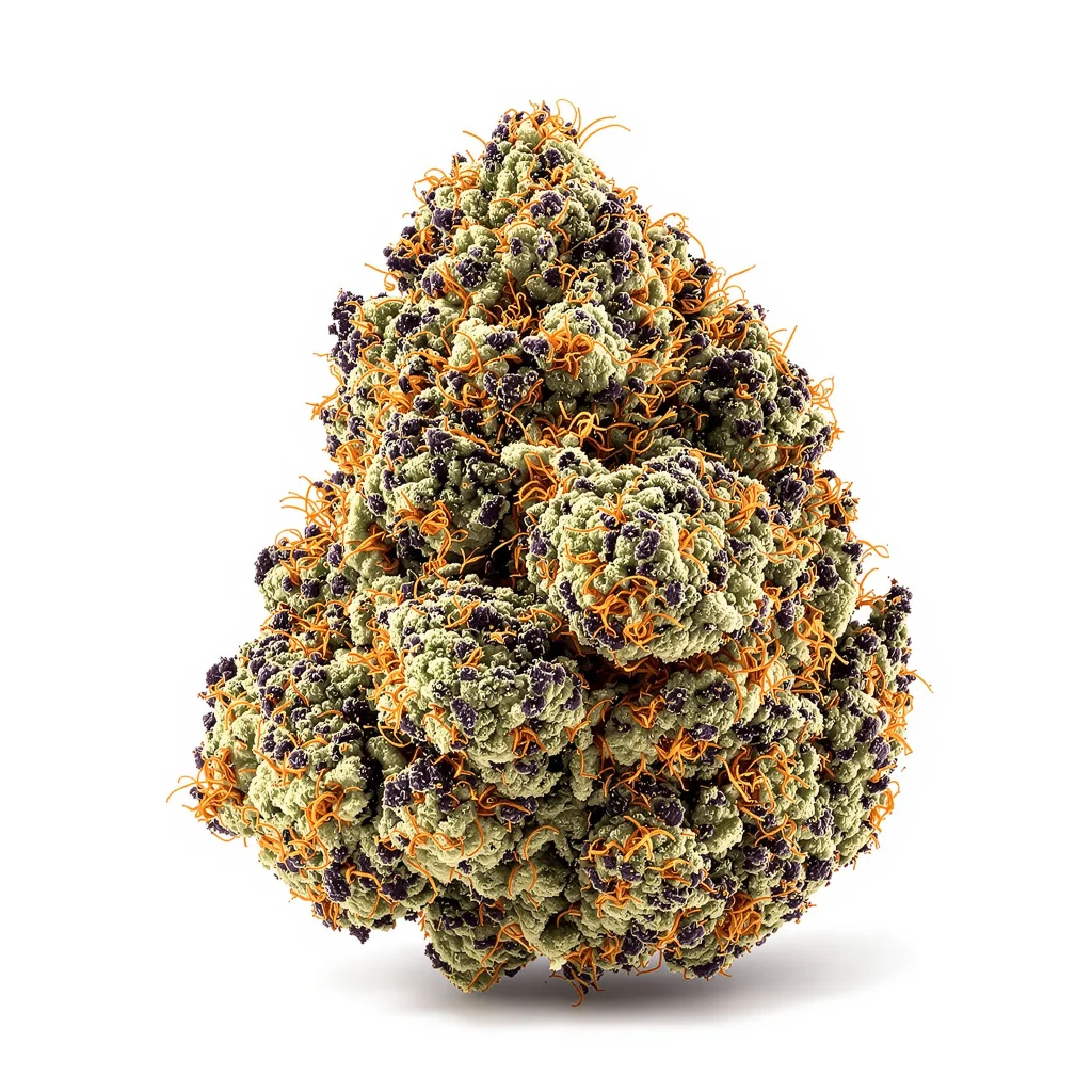 Blackberry Rhino 74% indica / 26% sativa — fleur avec trichomes visibles