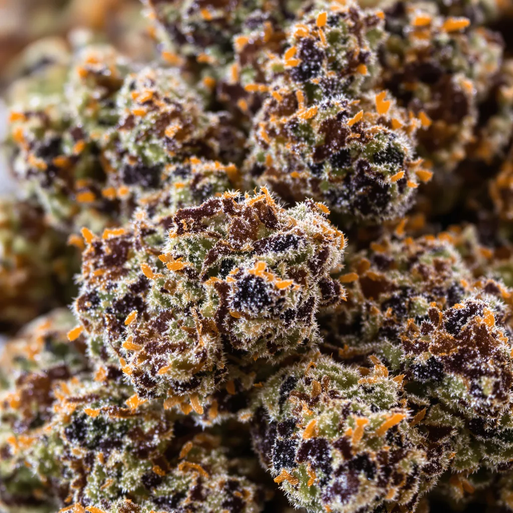 Gros plan de fleur de cannabis Blackwater montrant calices denses aux reflets violets