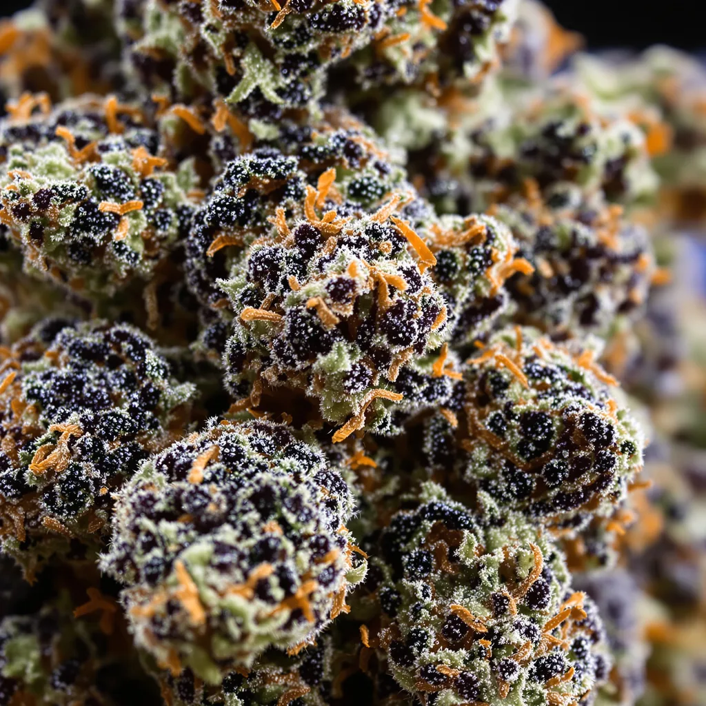 Gros plan de fleur de cannabis Bloos Kloos montrant calices denses aux reflets violets