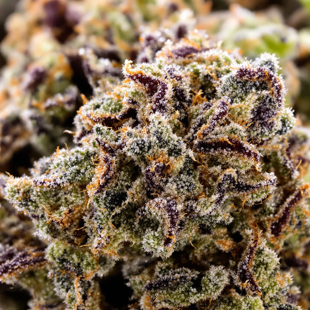Gros plan de fleur de cannabis Blue Afghani montrant calices denses aux reflets violets