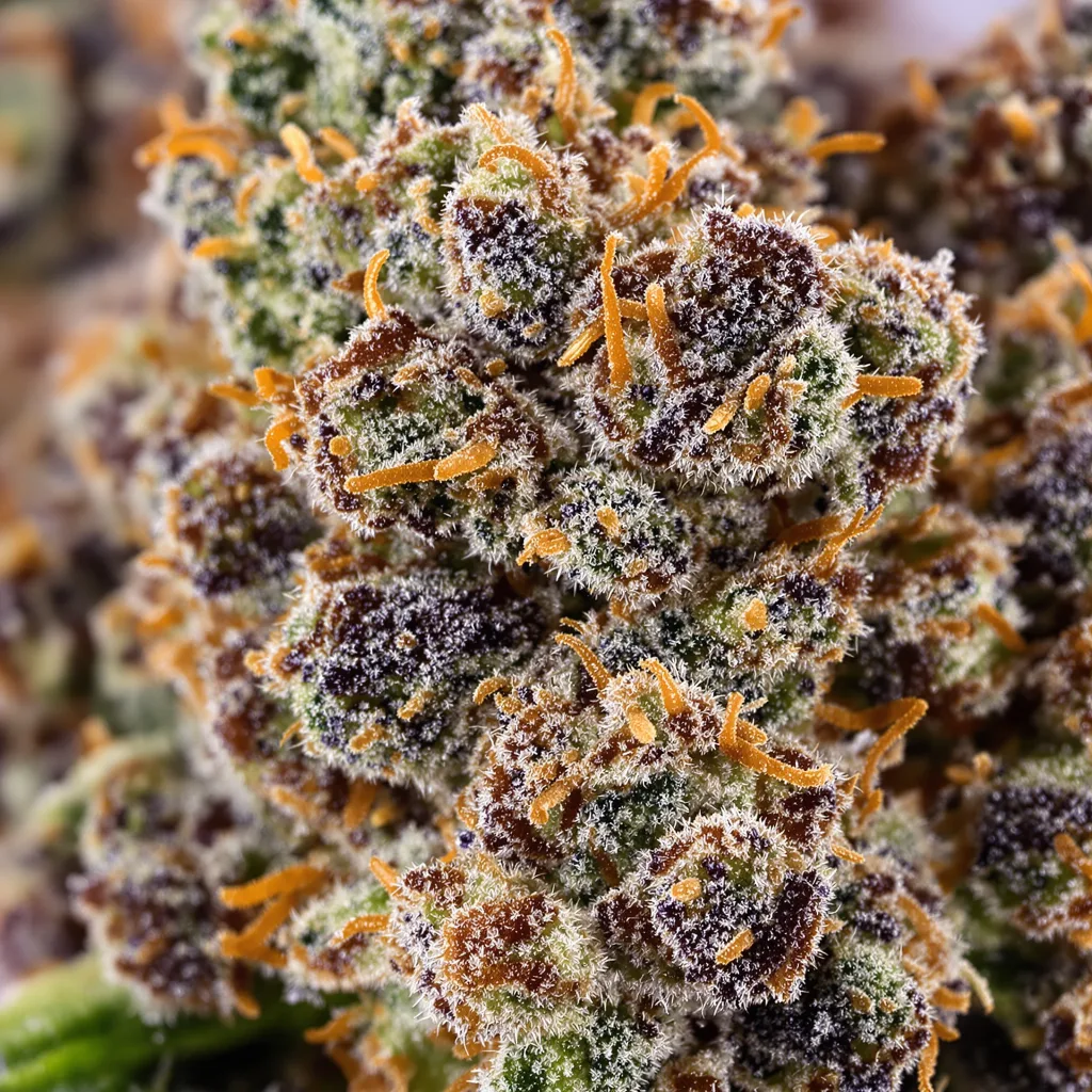 Gros plan de fleur de cannabis Blue Alien montrant calices denses aux reflets violets