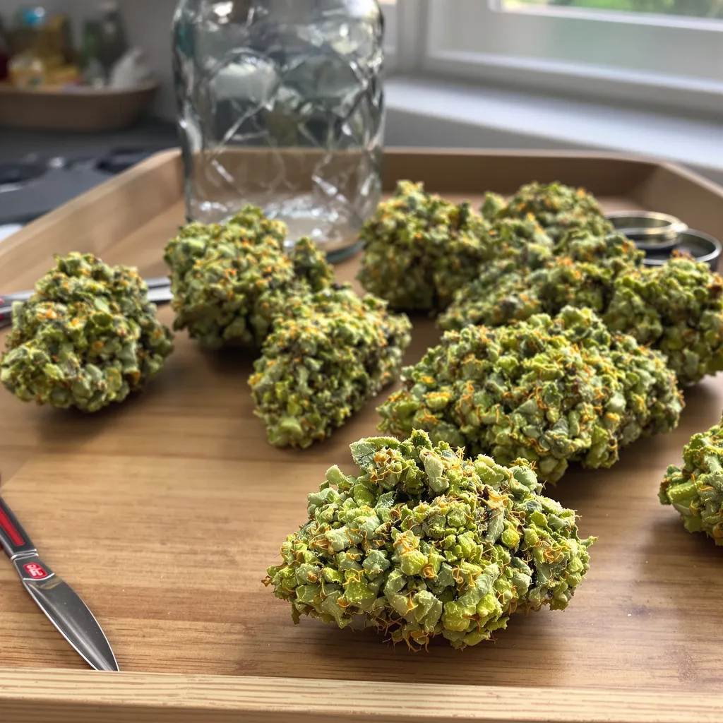 Blue Amnesia 10% indica / 90% sativa — fleur avec trichomes visibles