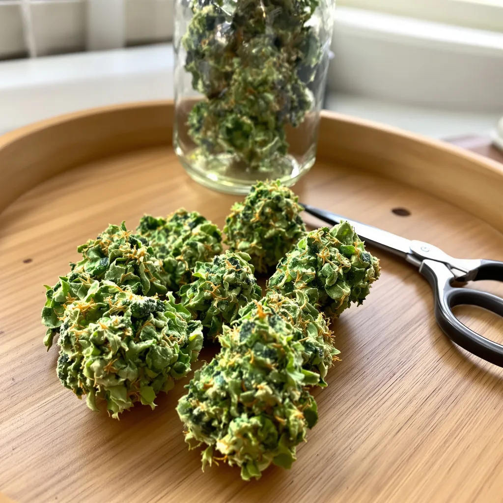 Blue Amnesia 10% indica / 90% sativa — fleur avec trichomes visibles