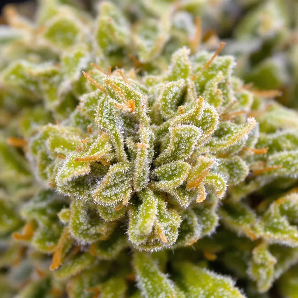 Gros plan de fleur de cannabis Blue Amnesia montrant structure aérée vert lime
