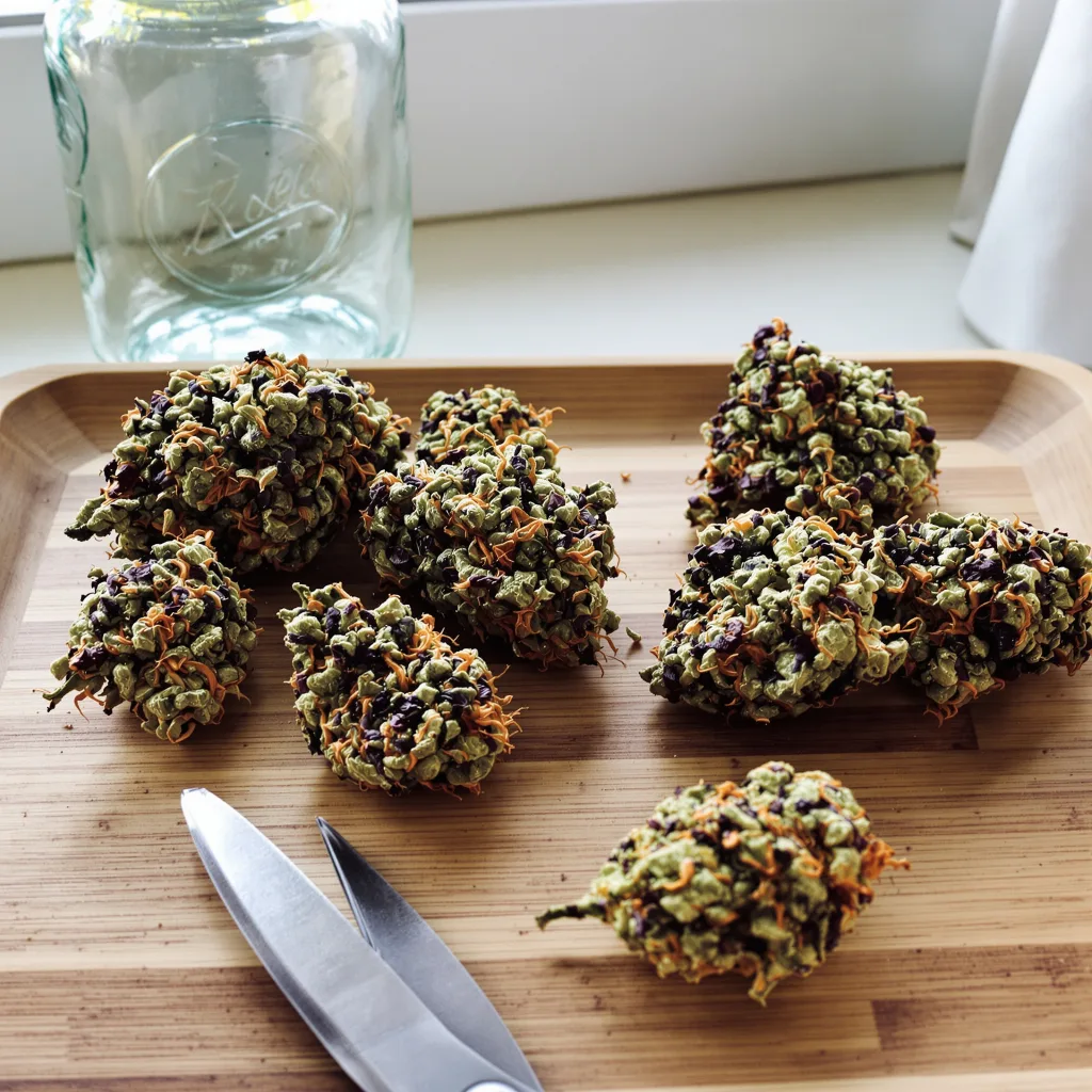 Blue Biscotti 75% indica / 25% sativa — fleur avec trichomes visibles
