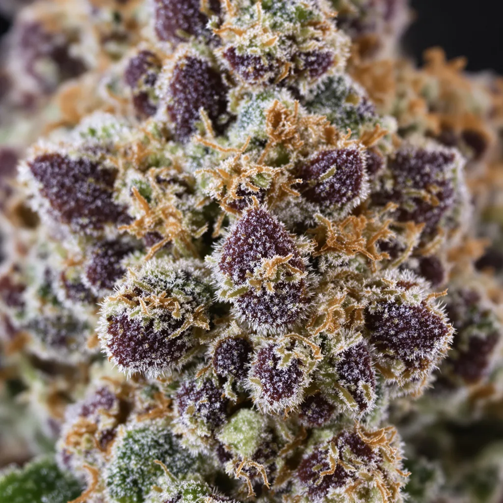 Gros plan de fleur de cannabis Blue Biscotti montrant calices denses aux reflets violets
