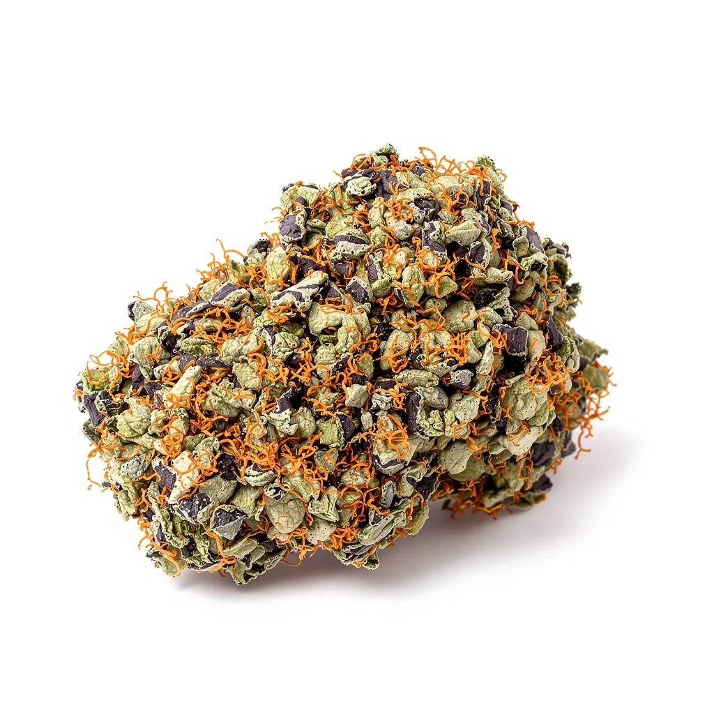 Blue Biscotti 75% indica / 25% sativa — fleur avec trichomes visibles