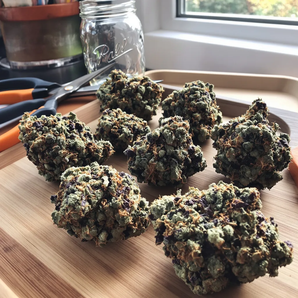 Blue Blood 72% indica / 28% sativa — fleur avec trichomes visibles