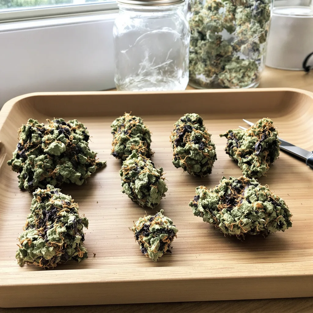 Blue Blood 72% indica / 28% sativa — fleur avec trichomes visibles