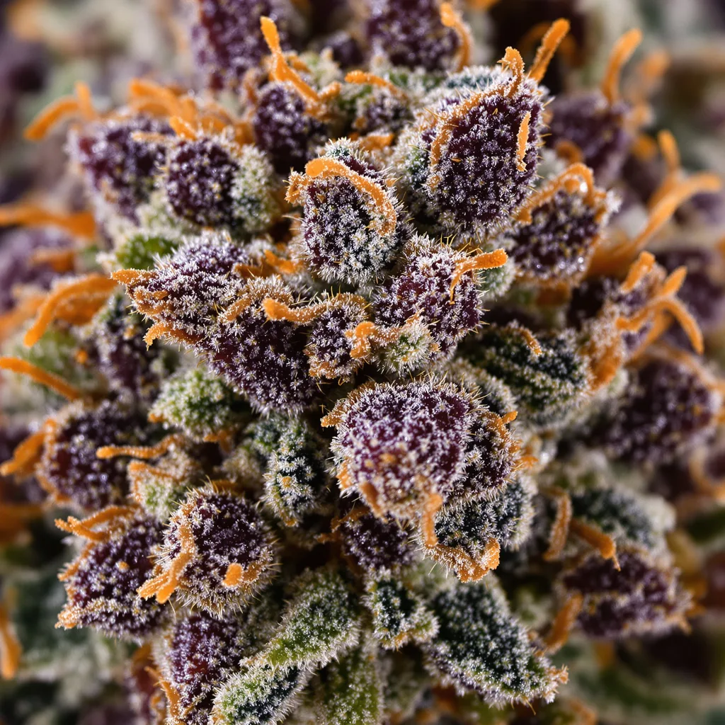 Gros plan de fleur de cannabis Blue Blood montrant calices denses aux reflets violets