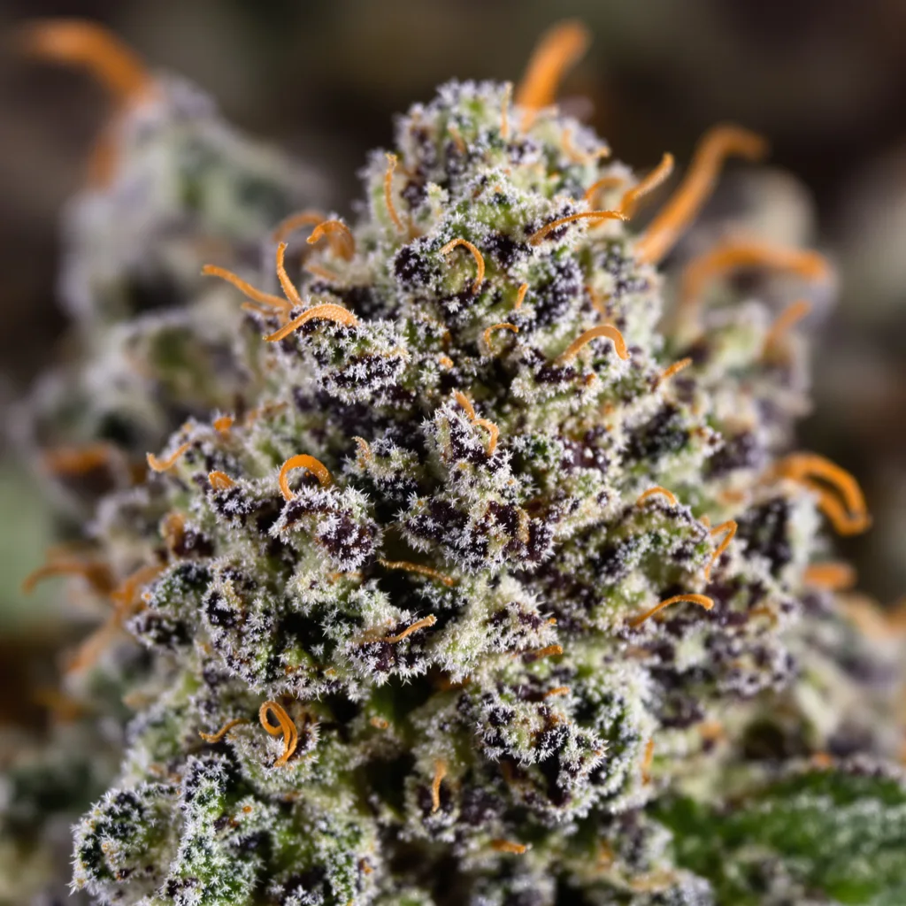 Gros plan de fleur de cannabis Blue Buddha montrant calices denses aux reflets violets