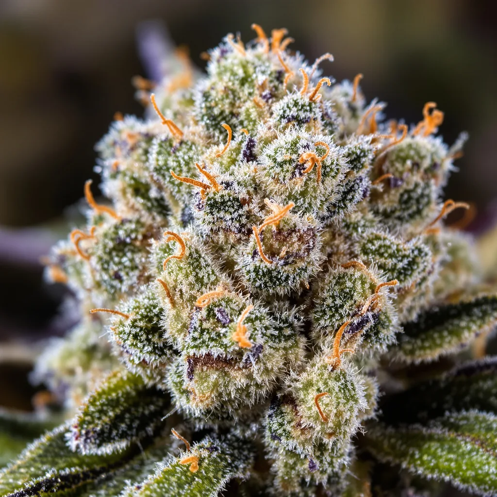 Gros plan de fleur de cannabis Blue Cheese montrant nugs denses vert forêt