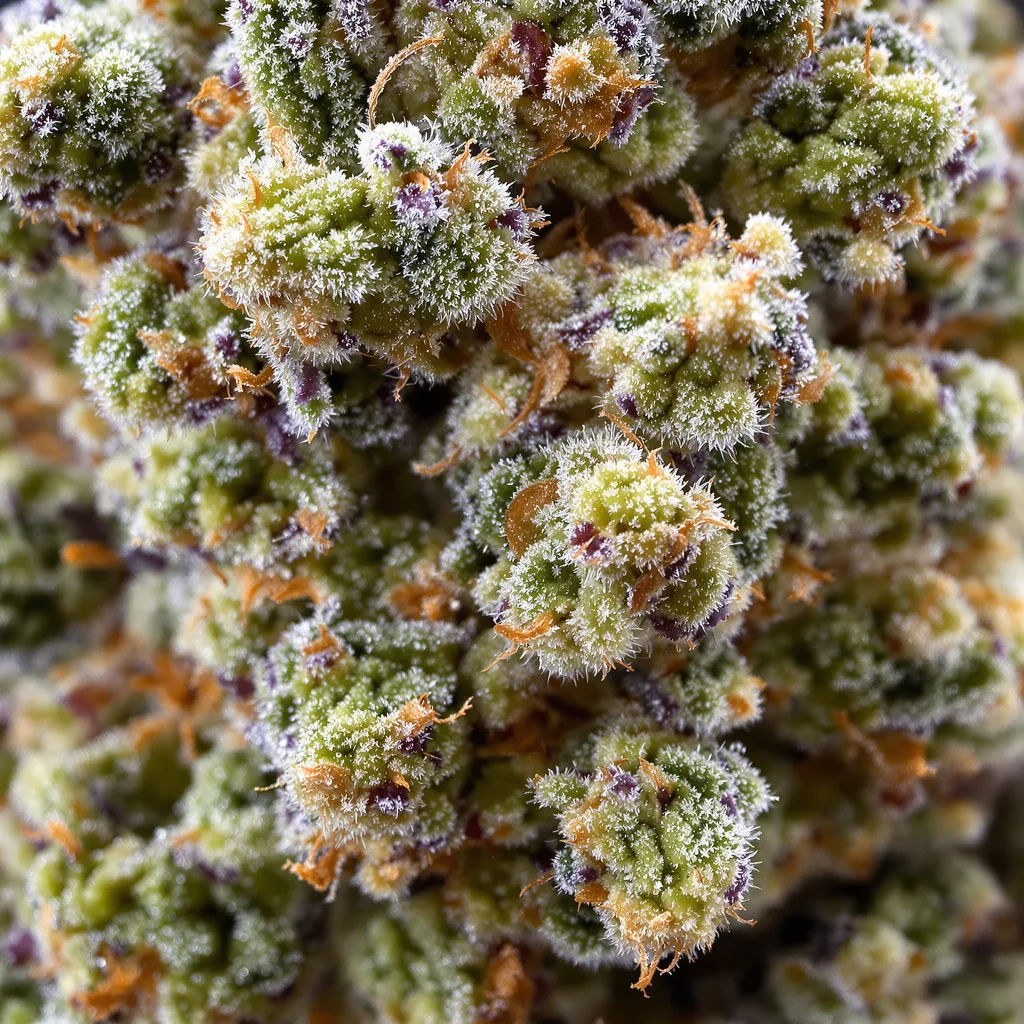 Gros plan de fleur de cannabis Blue Cheese montrant nugs denses vert forêt
