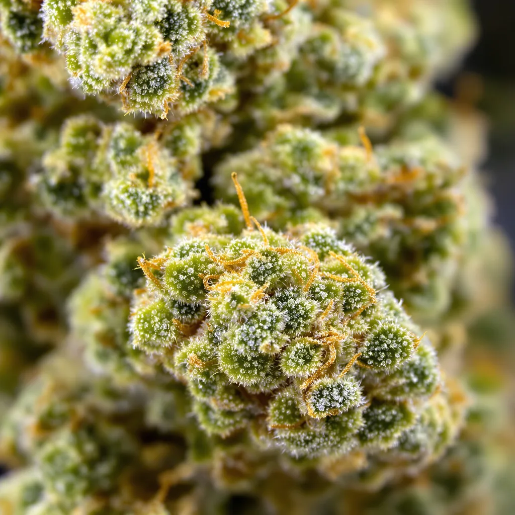 Gros plan de fleur de cannabis Blue Cinex montrant structure aérée vert lime