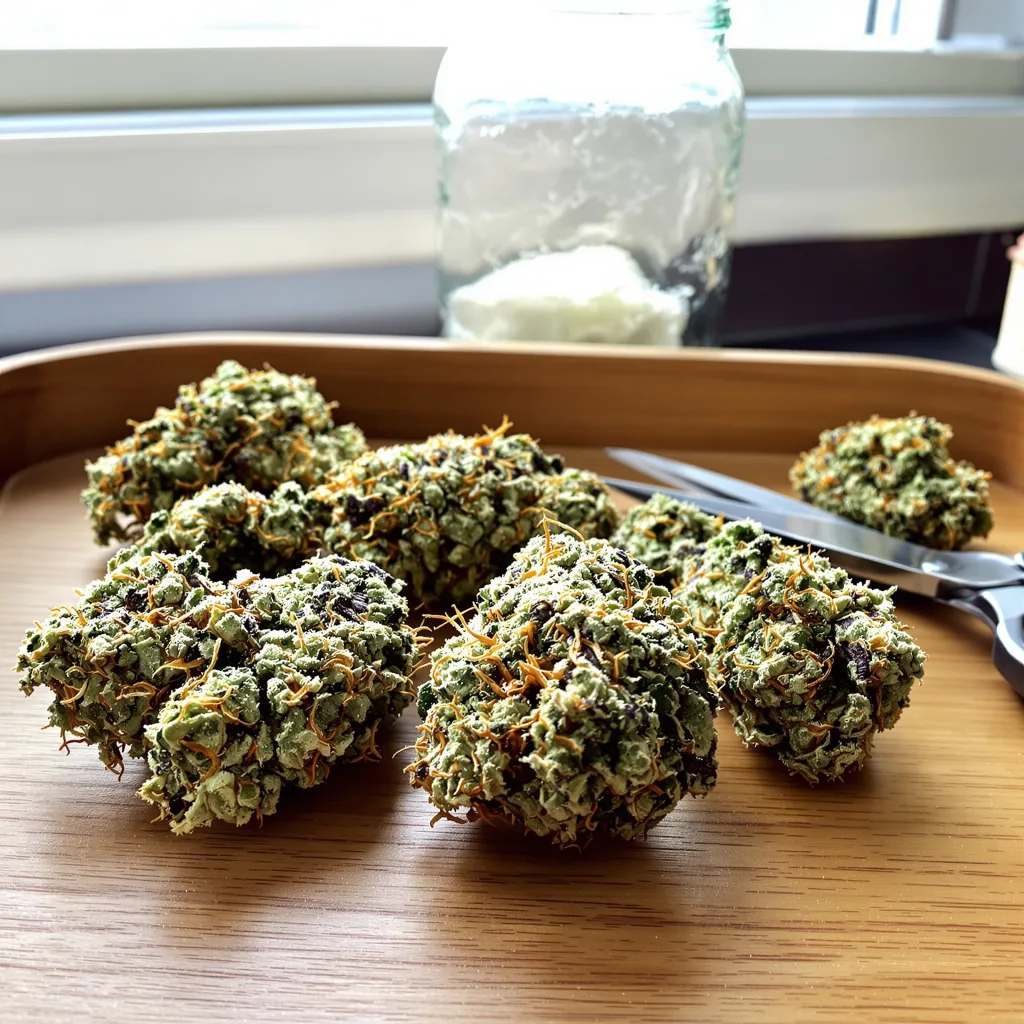 Blue Cookies 60% indica / 40% sativa — fleur avec trichomes visibles