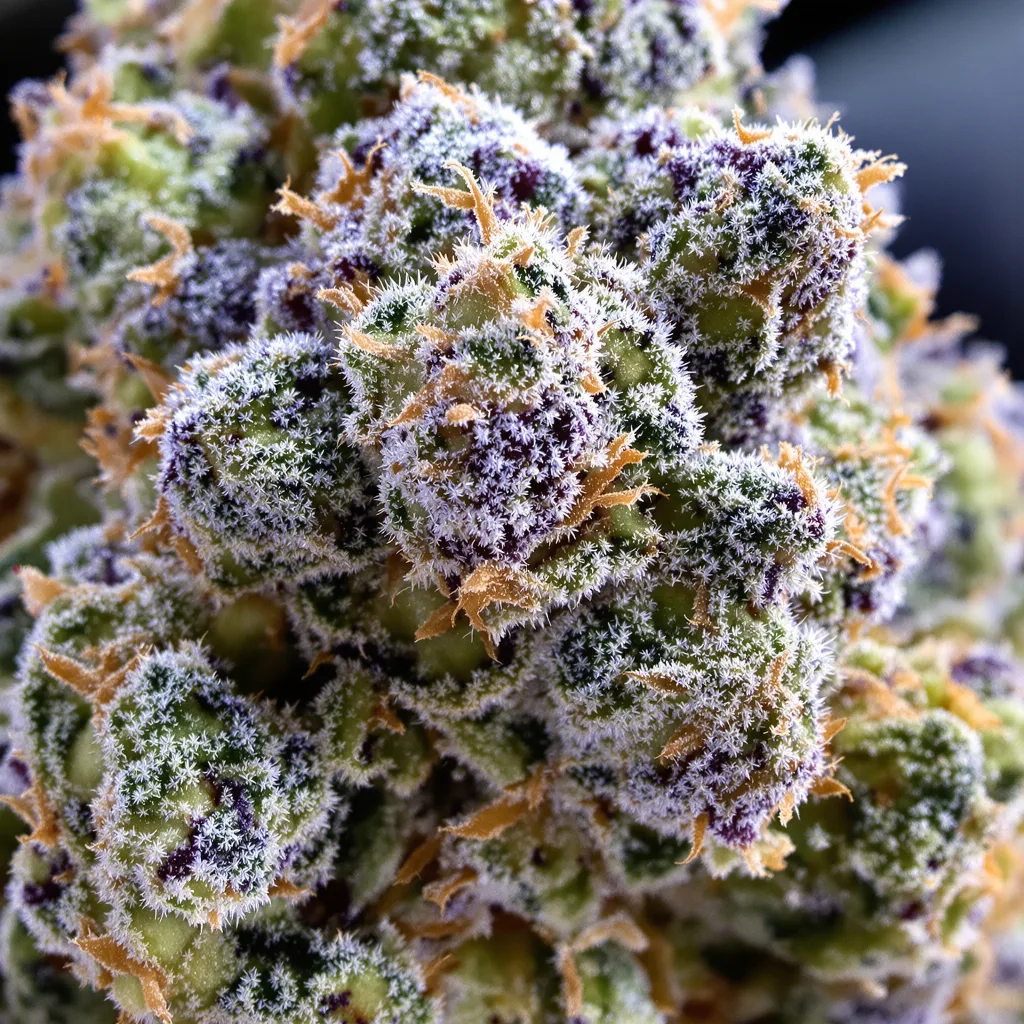 Gros plan de fleur de cannabis Blue Cookies montrant nugs denses vert forêt