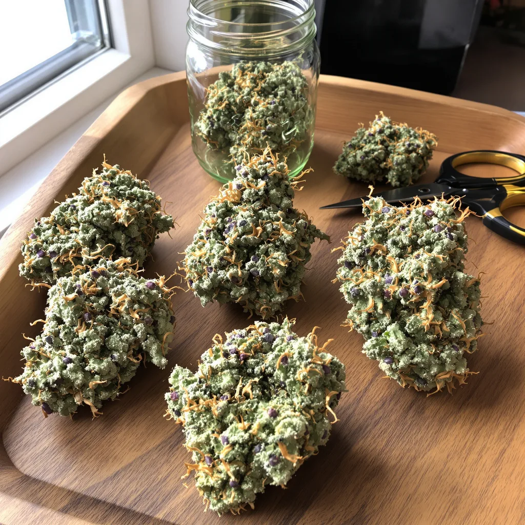 Blue Cookies 60% indica / 40% sativa — fleur avec trichomes visibles