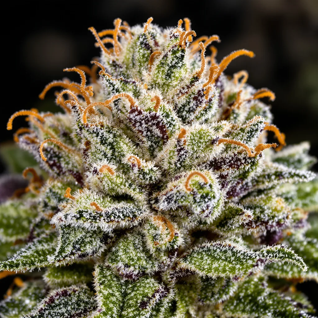 Gros plan de fleur de cannabis Blue Cookies montrant nugs denses vert forêt