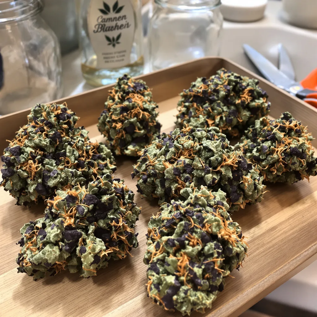 Blue Crack 77% indica / 23% sativa — fleur avec trichomes visibles