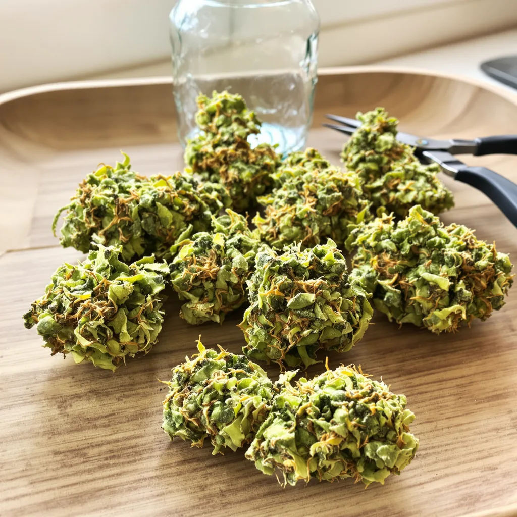 Blue Diamond 14% indica / 86% sativa — fleur avec trichomes visibles