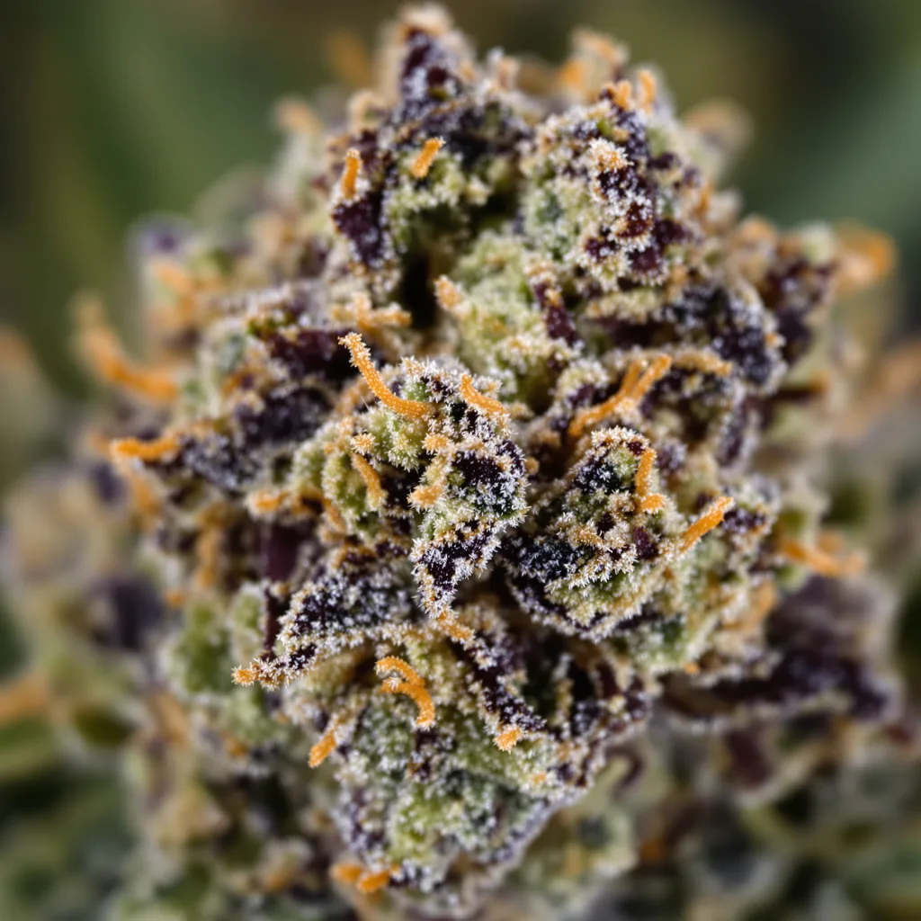 Gros plan de fleur de cannabis Blue Diesel montrant calices denses aux reflets violets