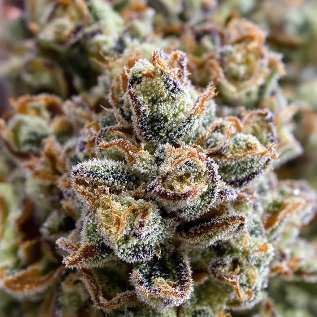 Gros plan de fleur de cannabis Blue Dragon montrant nugs denses vert forêt
