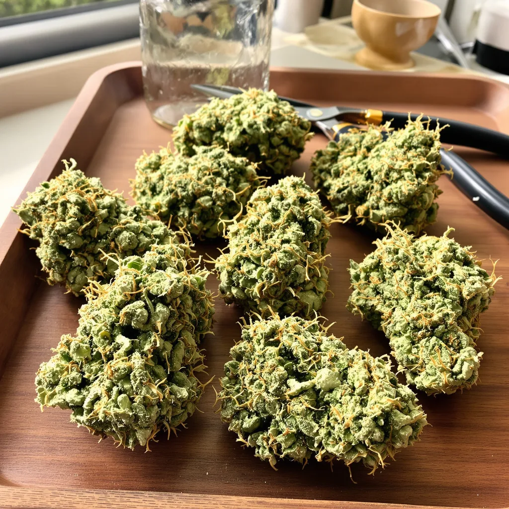 Blue Dream 19% indica / 81% sativa — fleur avec trichomes visibles