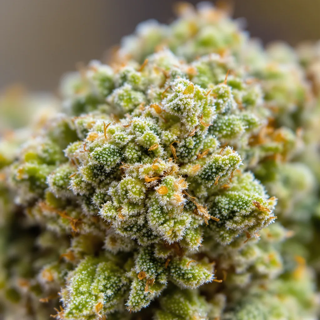 Gros plan de fleur de cannabis Blue Dream montrant structure aérée vert lime