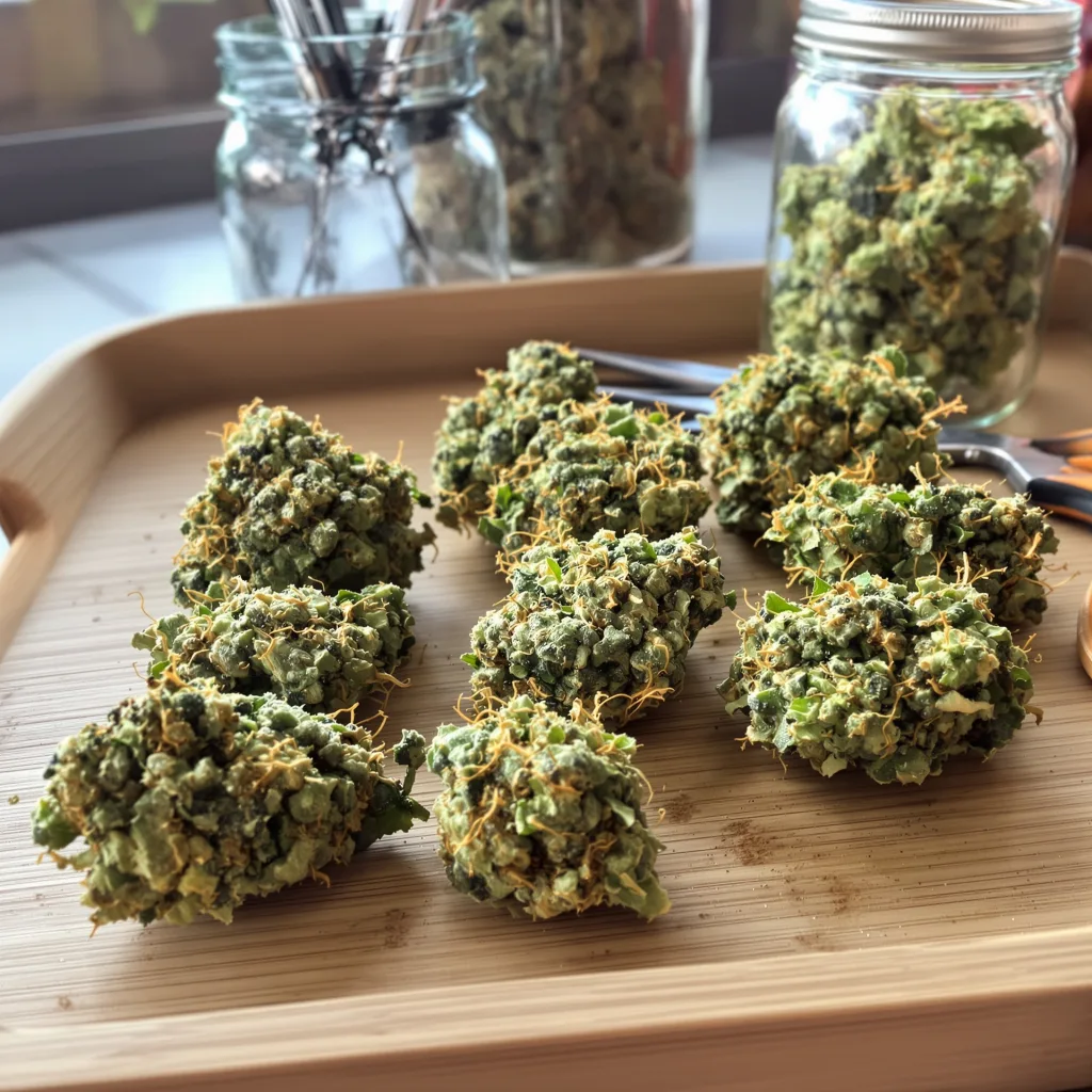 Blue Dream 19% indica / 81% sativa — fleur avec trichomes visibles