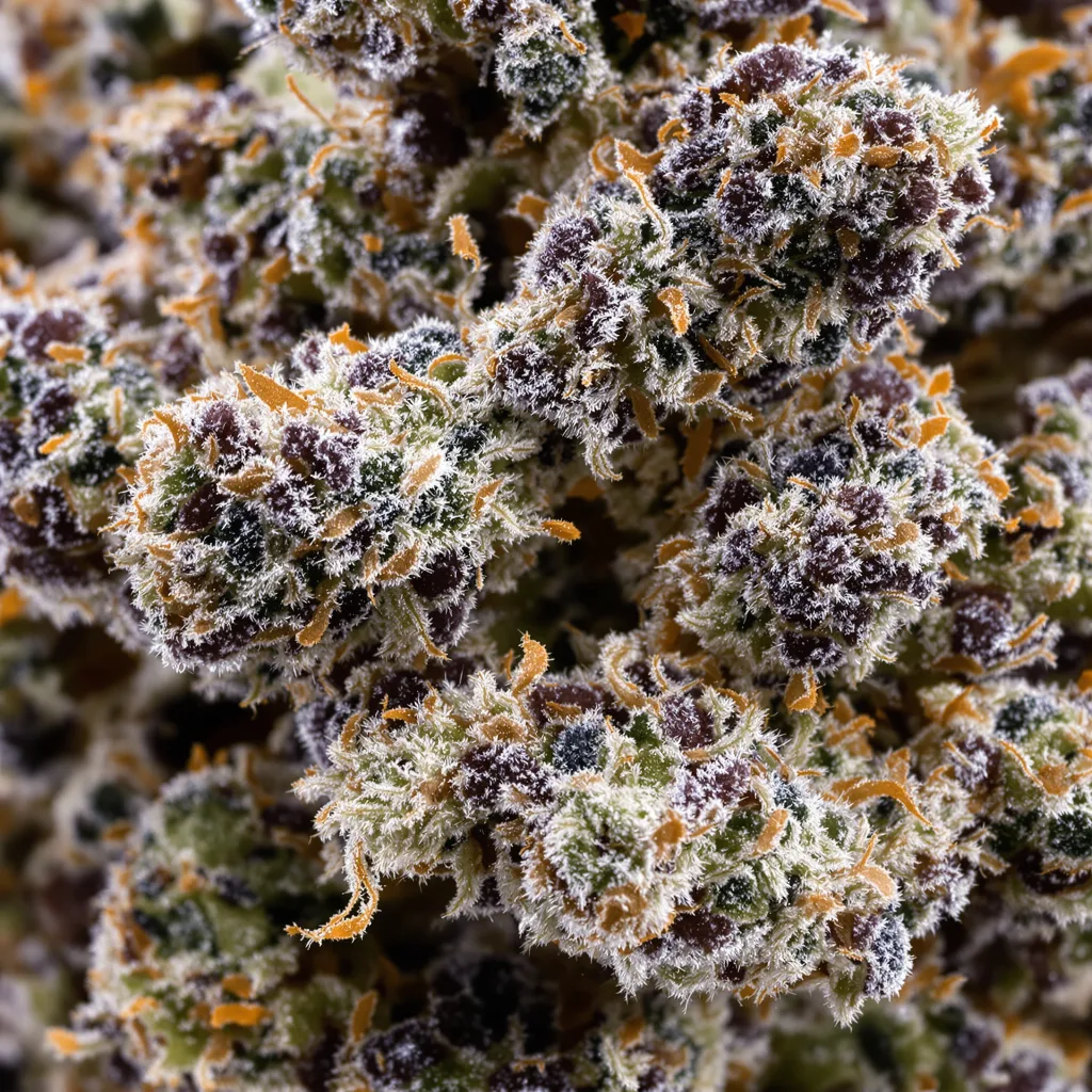 Gros plan de fleur de cannabis Blue Dynamite montrant calices denses aux reflets violets