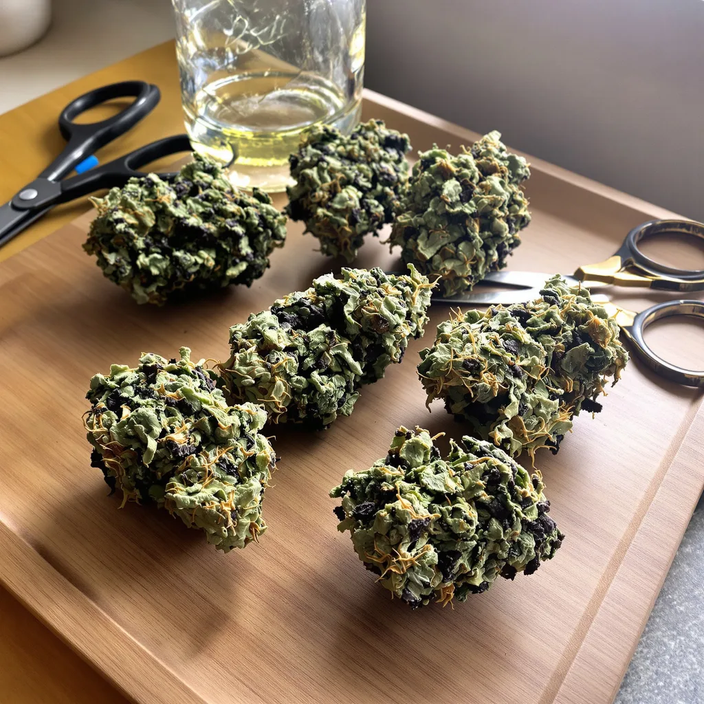 Blue Dynamite 65% indica / 35% sativa — fleur avec trichomes visibles