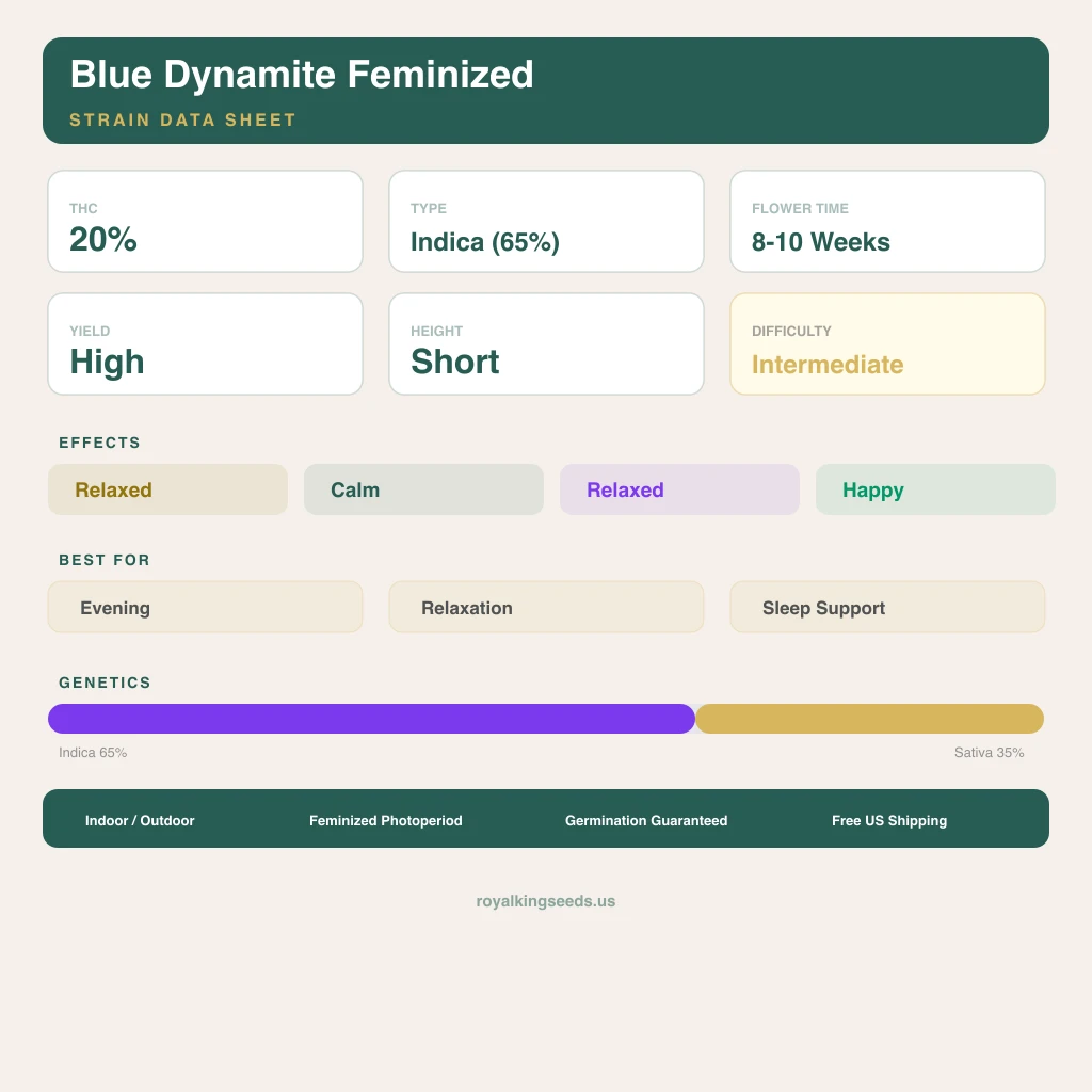 Blue Dynamite 65% indica / 35% sativa — fleur avec trichomes visibles