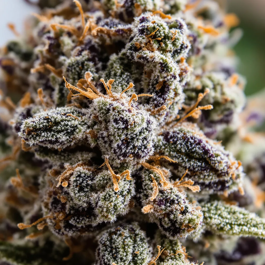 Gros plan de fleur de cannabis Blue Dynamite montrant calices denses aux reflets violets