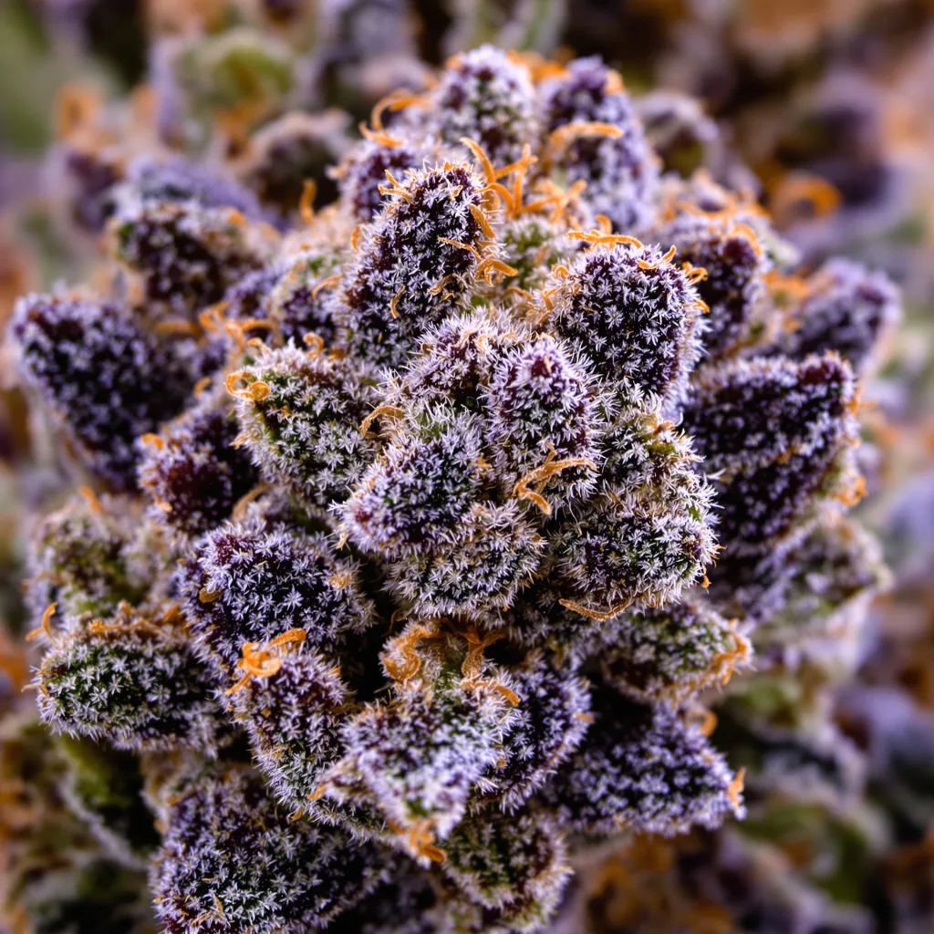 Gros plan de fleur de cannabis Blue Frost montrant calices denses aux reflets violets