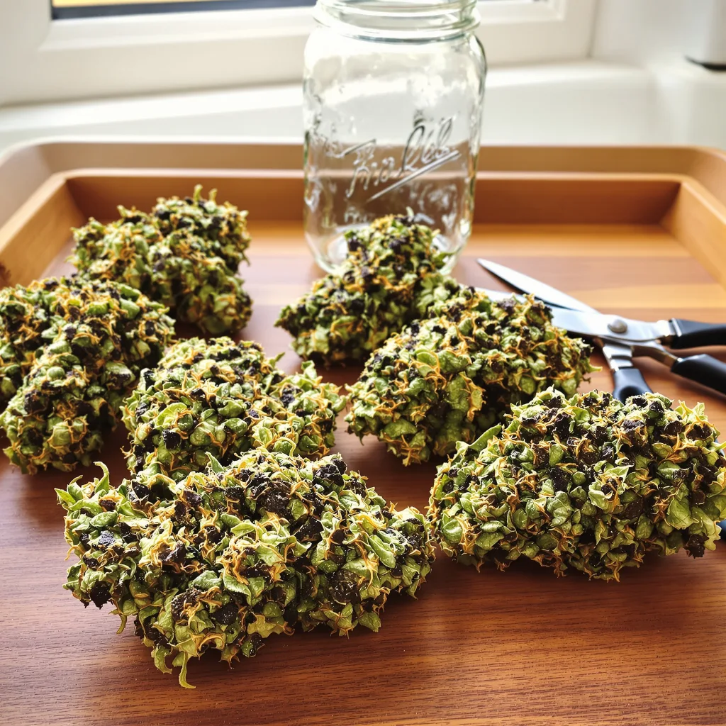 Blue Fruit 86% indica / 14% sativa — fleur avec trichomes visibles