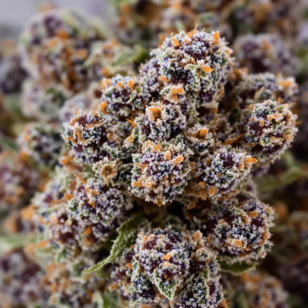 Gros plan de fleur de cannabis Blue Fruit montrant calices denses aux reflets violets