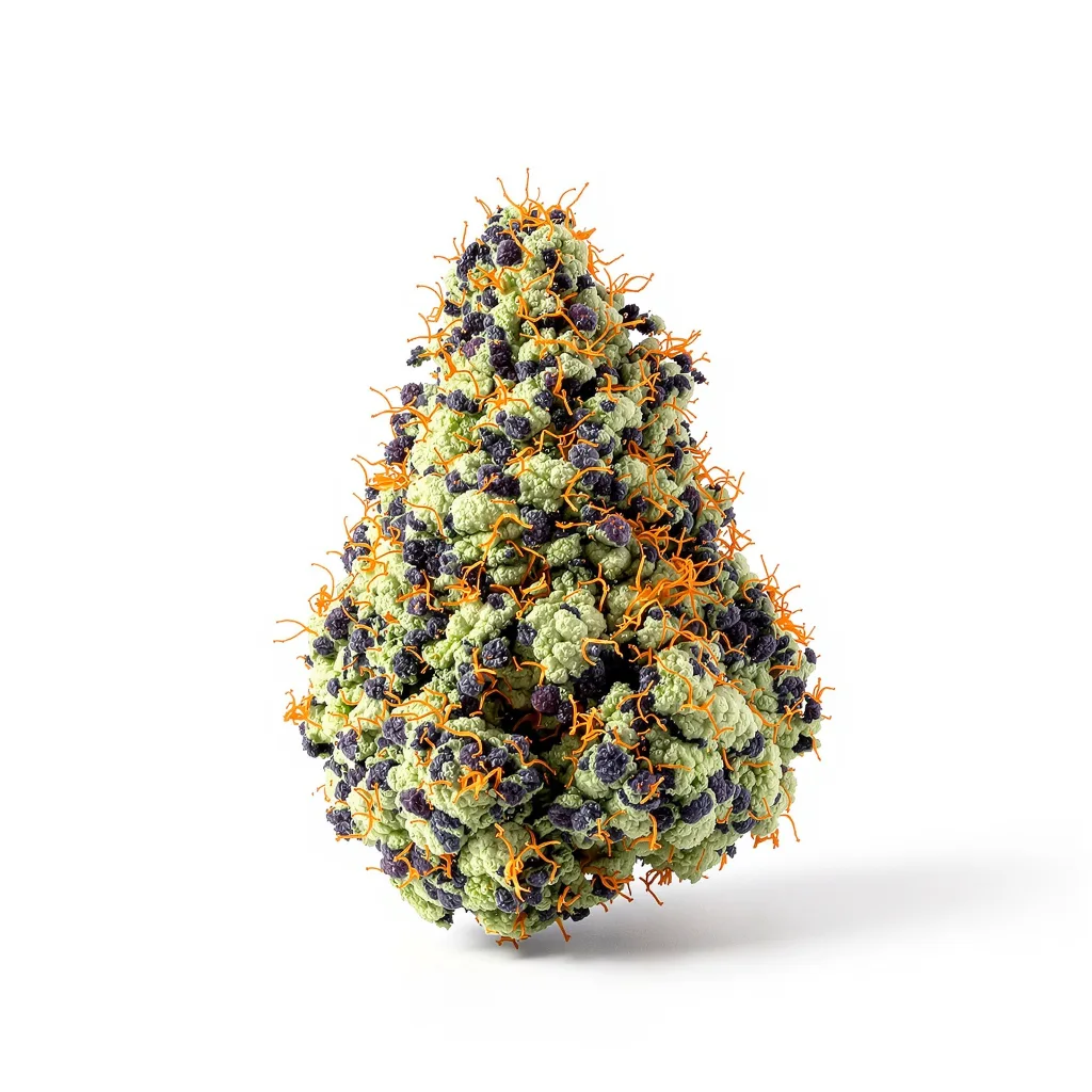 Blue Fruit 86% indica / 14% sativa — fleur avec trichomes visibles