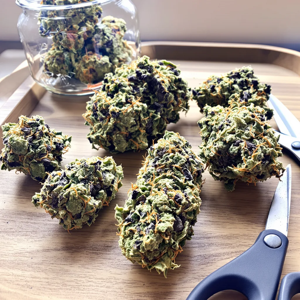 Blue Galaxy 40% indica / 60% sativa — fleur avec trichomes visibles