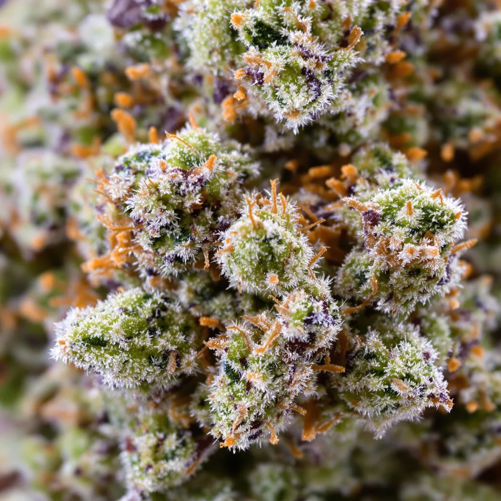 Gros plan de fleur de cannabis Blue Galaxy montrant structure ouverte avec pistils orangés