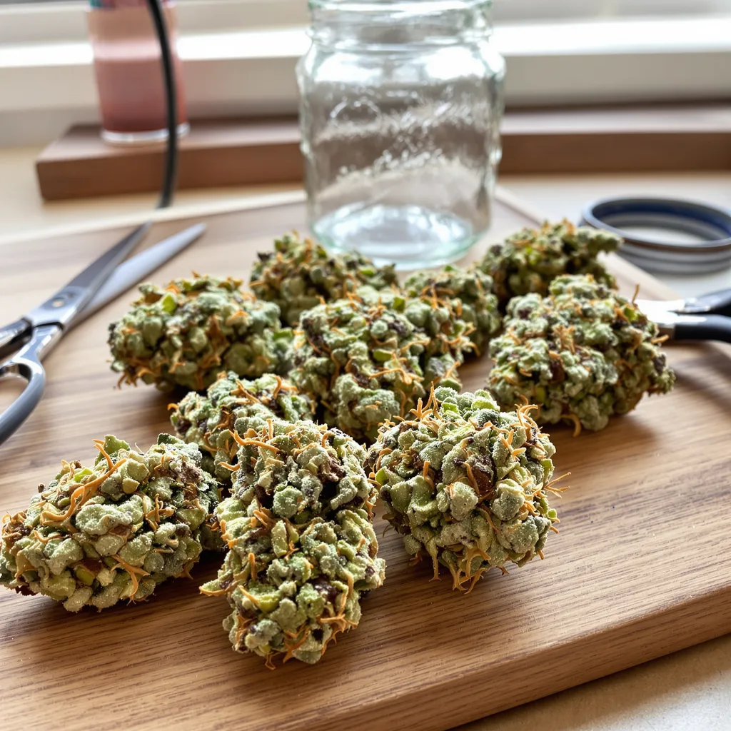 Blue Galaxy 40% indica / 60% sativa — fleur avec trichomes visibles