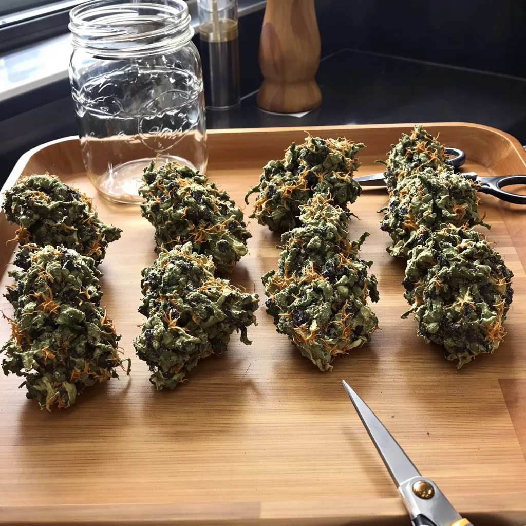 Blue God 100% indica / 50% sativa — fleur avec trichomes visibles