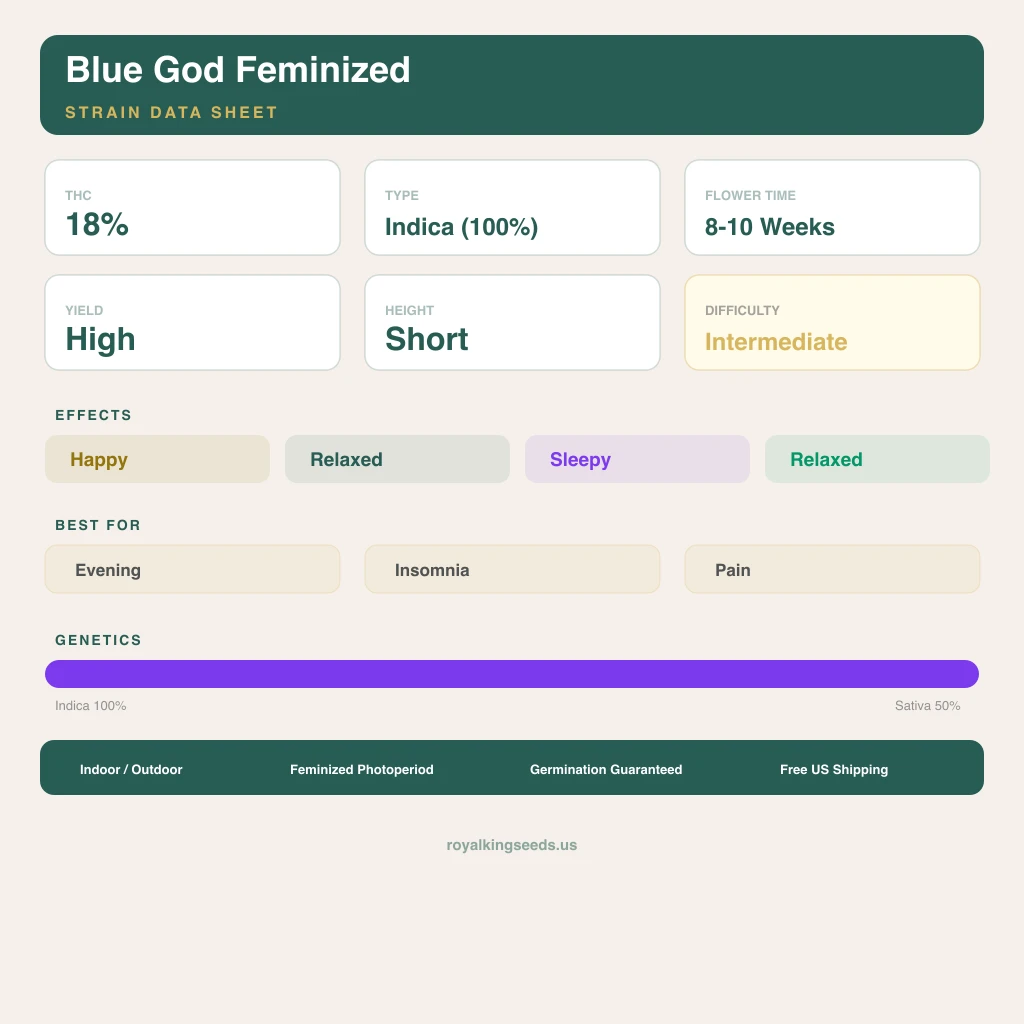 Blue God 100% indica / 50% sativa — fleur avec trichomes visibles