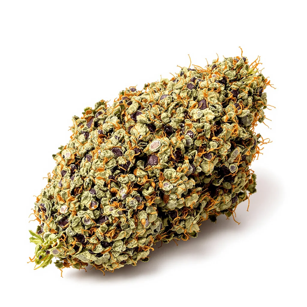 Blue God 100% indica / 50% sativa — fleur avec trichomes visibles