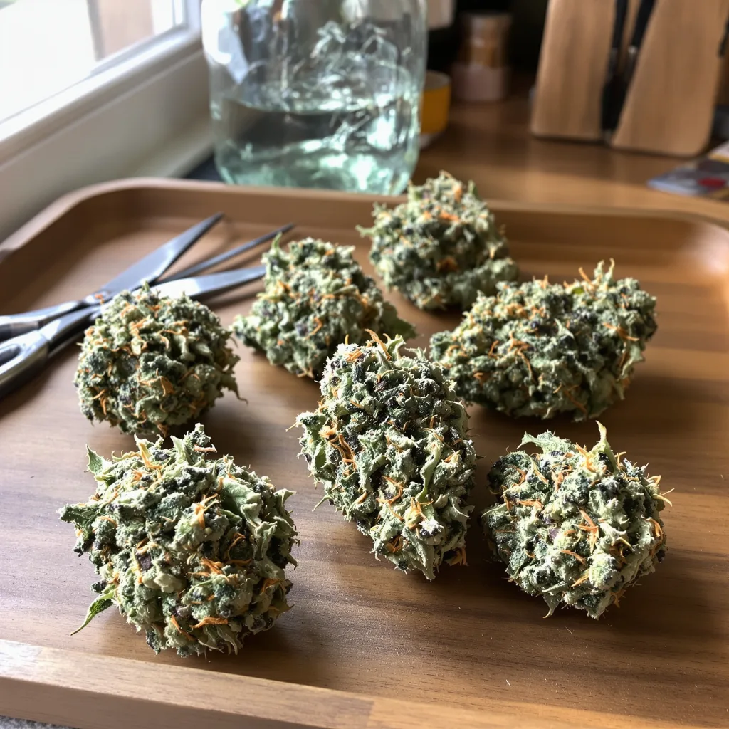 Blue Goo 35% indica / 65% sativa — fleur avec trichomes visibles